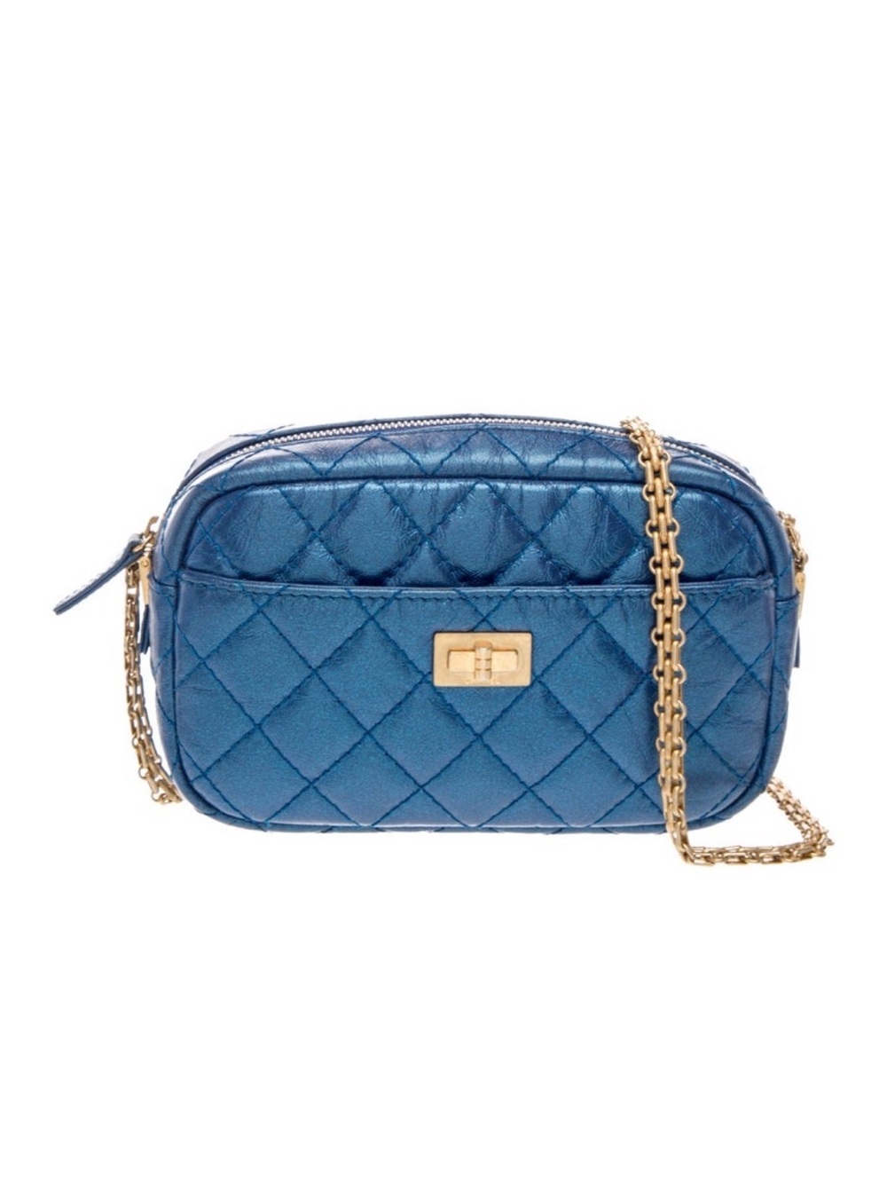 Chanel Mini 2.55 Reissue Quilted Metallic Blue Crossbody Bag with Gold Chain